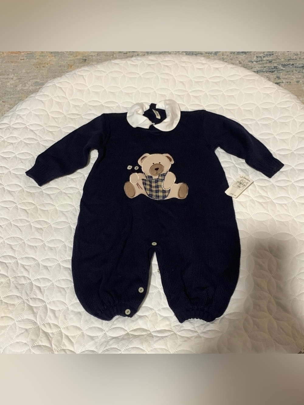 Neiman Marcus Navy Baby One-Piece with White Collar and Bear Appliqué